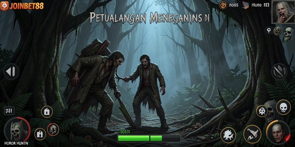 Screenshot game JOINBET88 menunjukkan suasana hutan yang mencekam.